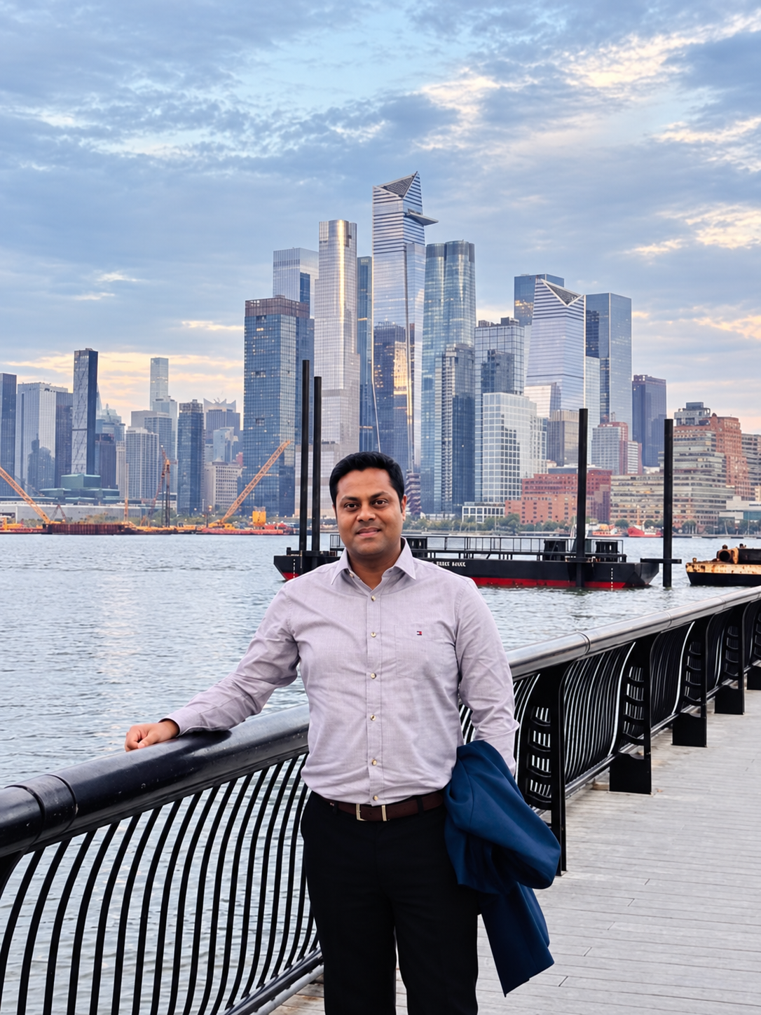 Dr Satyam Paul at the waterfront, with the city skyline behind him